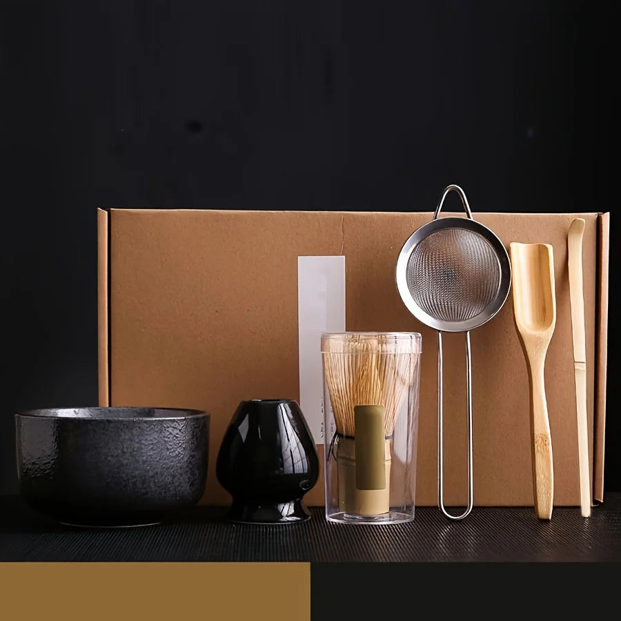 6PCS/Set Japanese-style Matcha Bowl , Spoon, Tea Whisk, Sieve Mesh, Perfect Gift For Ceremony, Traditional Decoration - Black