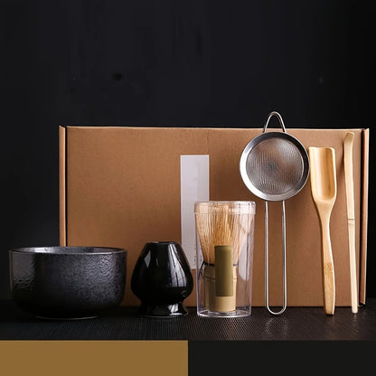 6PCS/Set Japanese-style Matcha Bowl , Spoon, Tea Whisk, Sieve Mesh, Perfect Gift For Ceremony, Traditional Decoration - Black