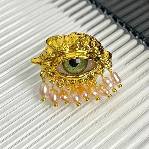 Aesthetic Vintage Devil's Eye Ring Tassels Imitated Pearl Glaze Ring Trendy Delicate Opening Finger Ring Party Favors - golde