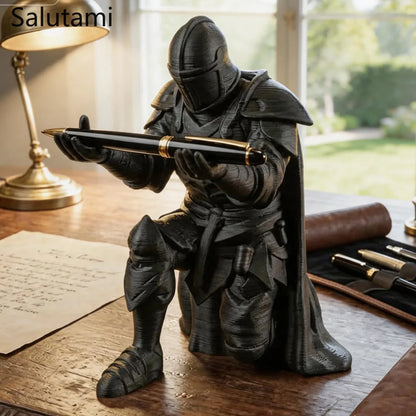 Pen Holder 3D Printed Medieval Knight Black Silver Warrior Statue Desk Organizer Creative Office Desktop Decor Stationery Gif