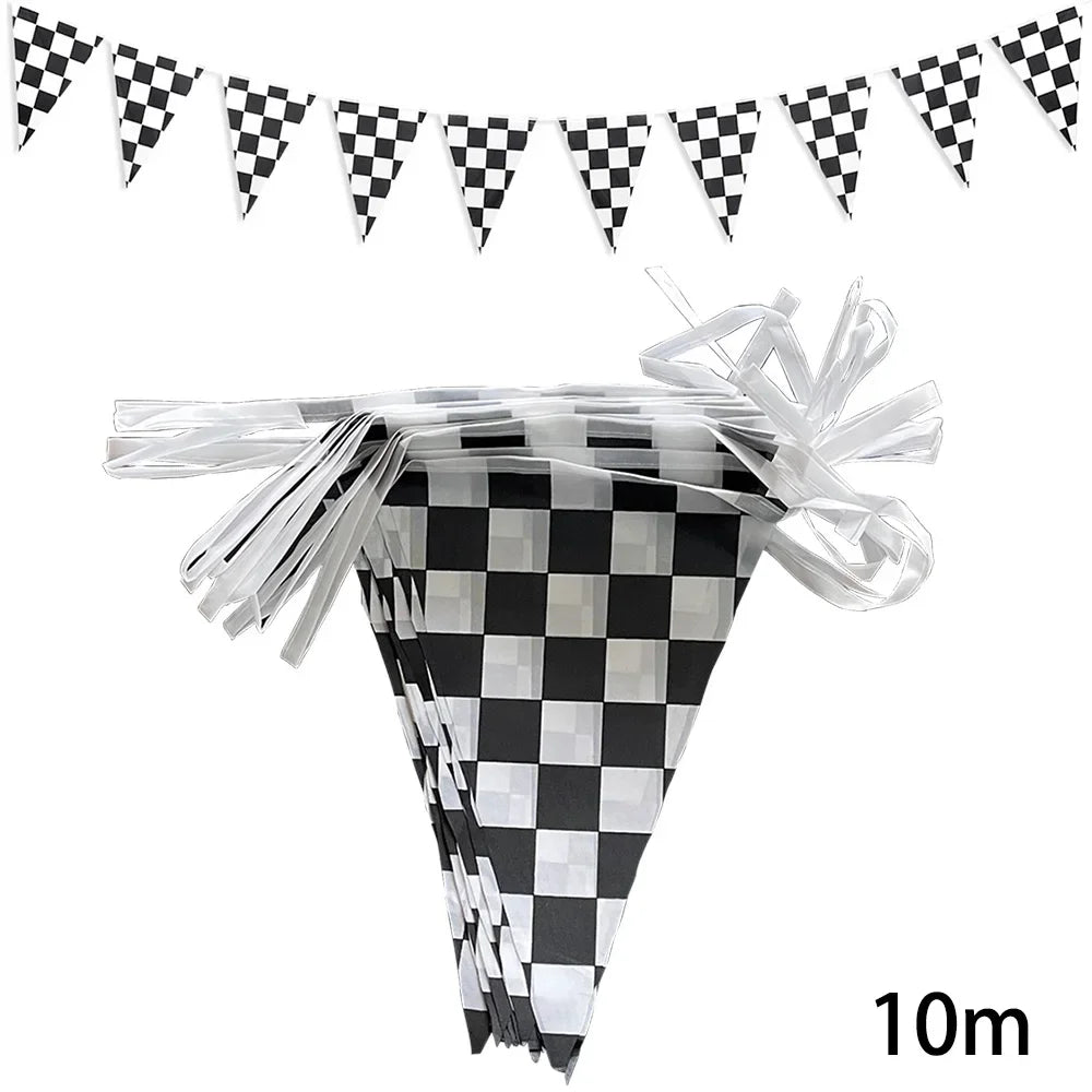 10m Longer Race Car Birthday Banner Decoration Black and White Checkered Flag Theme Party Supplies Birthday Decoration