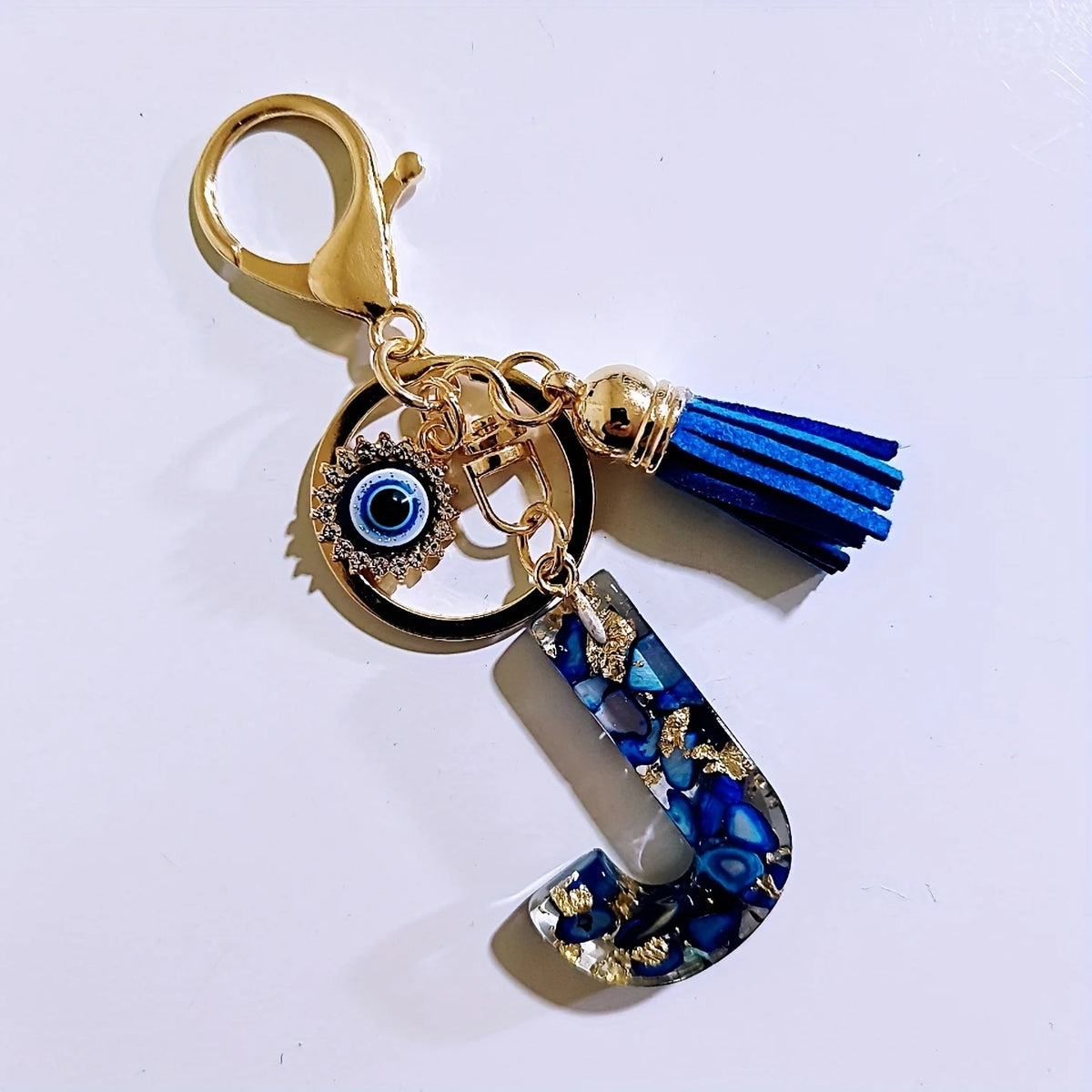 Blue Resin Initial Keychain - Evil Eye Letter Charm with Rhinestones & Tassel, Stylish Gift for Women, Lobster Clasp Accessor