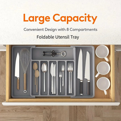 UpgradedAdjustable Cutlery Drawer Organizer Plastic Divided Storage Tray Space Saving Holder for Kitchen Knives Spoons Tablew