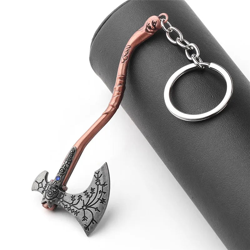 Punk Fashion Jewelry God Of War 4 Kratos Axe Keychains Exquisite Crystal Carved pattern Axe Pendant key holder Souvenir jewel