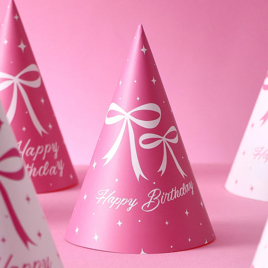 6 Pink Bow-Themed Party Paper Hats, Cute and Beautiful Pink Bow Designs, Suitable for Birthday Parties, Gender Reveal Parties