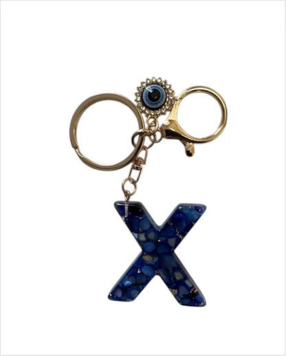 Blue Resin Initial Keychain - Evil Eye Letter Charm with Rhinestones & Tassel, Stylish Gift for Women, Lobster Clasp Accessor