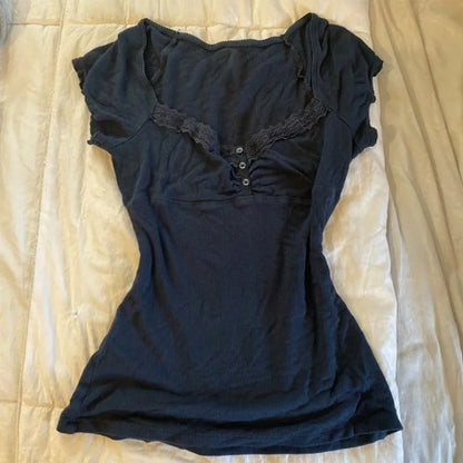 Vintage Slim Lace T-shirt Solid Color Casual Pattern Commuter High Street Fashion Y2K Cropped Top Trash Punk hop Women's T-sh