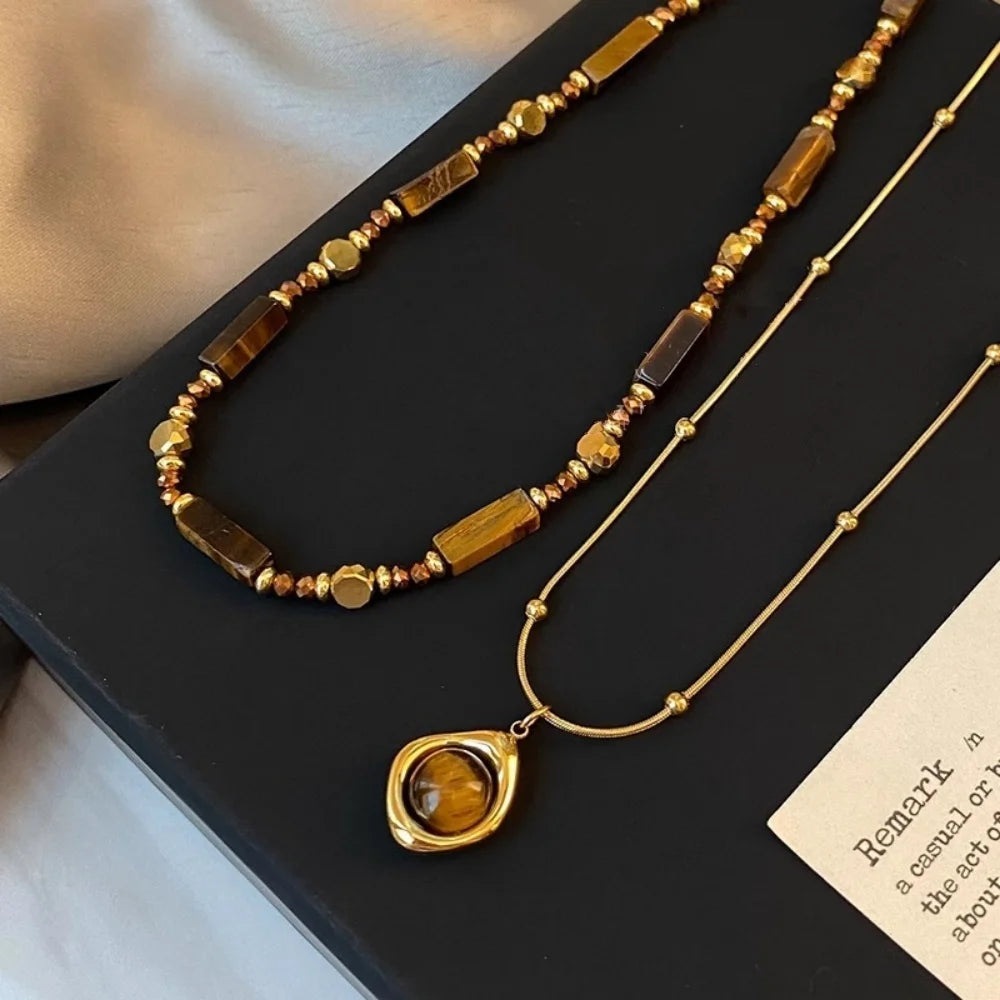 Alloy double-layer collarbone chain set jewelry retro temperament layered tiger eye stone pendant necklace for women