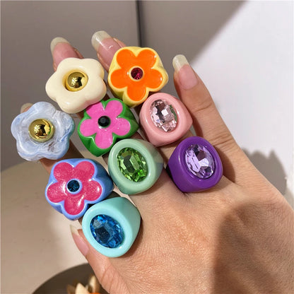 2022 New Sweet Multicolor Resin Oil Drip Ring for Women Geometric Oval Flowers Beads Rhinestones Ring Cute Jewelry HangZhi