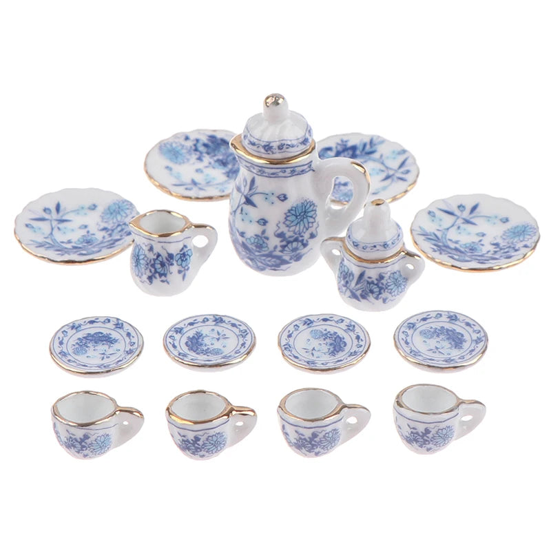 15Pcs 1:12 Dollhouse Miniature Tableware Porcelain Ceramic Tea Cup Set Model Kitchen Accessories For Doll House Decor Toys Gi