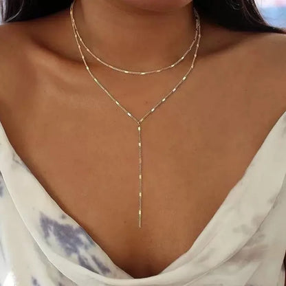 Stainless Steel Lariat Necklace Gold Plated, Dainty Long Necklace Laryered Necklaces For Women Girls, Y Shape Drop Pendant - 