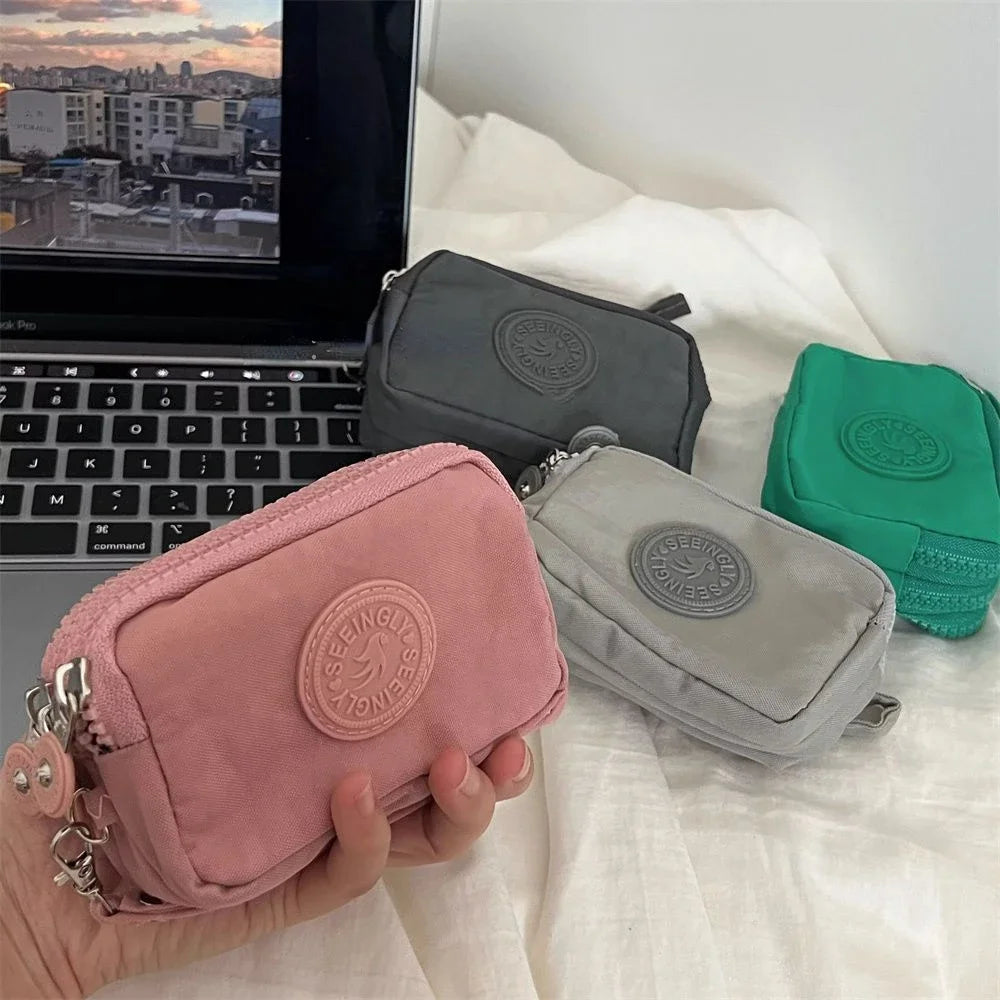 Mini Nylon Coin Purse Key Bag Women Wallets Zipper Waterproof Portable Three Layer Card Holder Female Girl Handbag Headphone 