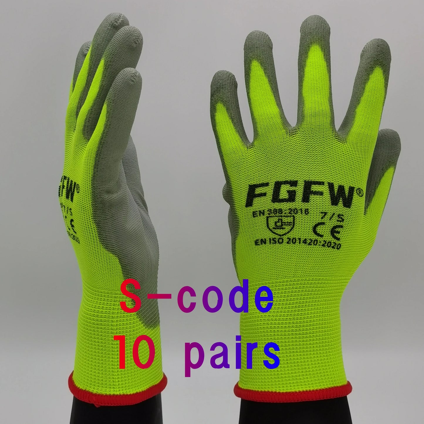 10 Pairs PU Coated Work Gloves - Lightweight, Durable Safety Gloves EN 388/ISO20471 Certified, Sizes S/M/L/XL - S-code 10pair