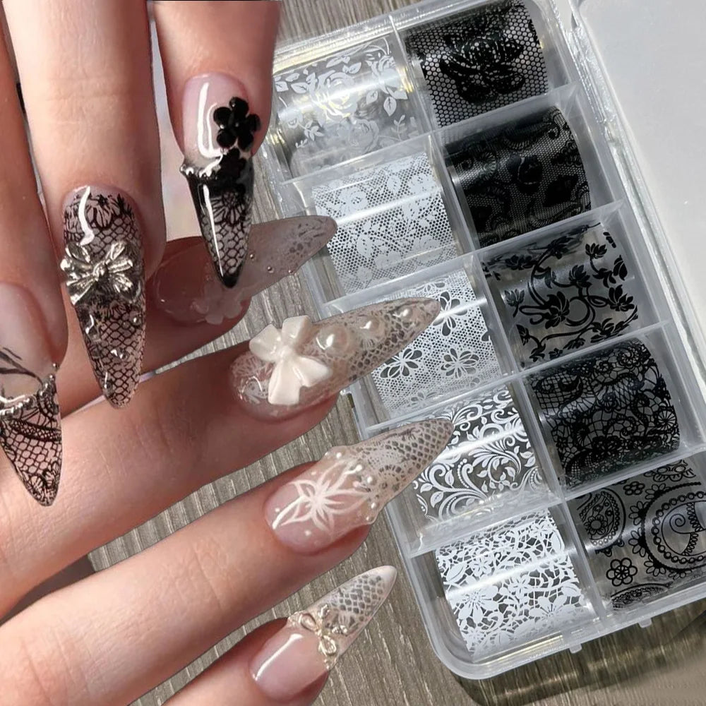 10 Rolls 4x50CM Black White Lace Transfer Nail Sticker Sexy Flower Lace Nail Art Transfer Foils Paper for DIY Manicure Decals