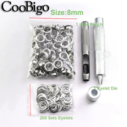 100sets Silver Metal Eyelets and Eyelet Punch Die Tool Set for Leathercraft Clothing Shoes Belt Bag Grommet Banner 2mm-17mm