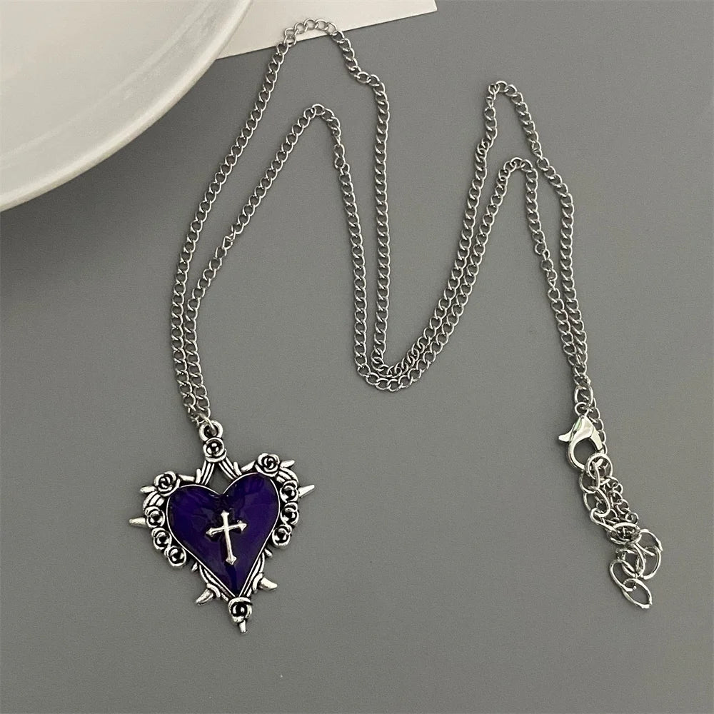 Punk Rock Red Black Heart Pendant Chain Necklace For Men Women Cool Hip Hop Street Vintage Goth Accessories Trendy Jewelry - 