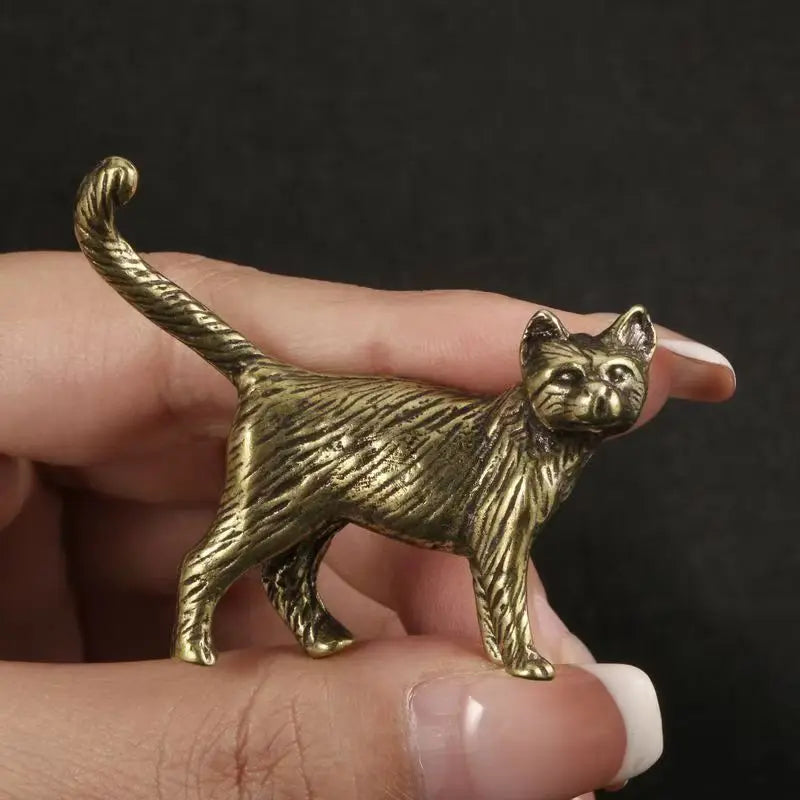 Creative Retro Brass Little Pet Cat Statue Interesting Mini Long-Tailed Cat Tabletop Ornament Miniature Home Decor Crafts Gif