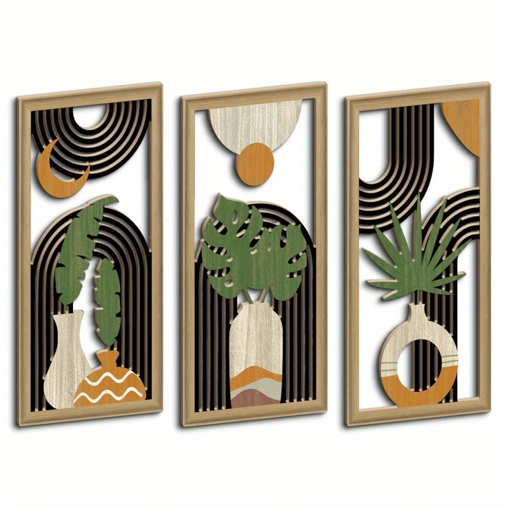3pcs Boho style Hollow Wood Retro Rustic Leaf Pattern Wall Hanging Art Living Room Bedroom Wall Hanging Home Decoration - 1