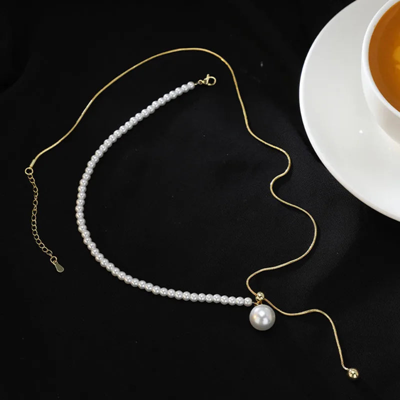 Chic Pearl Lariat Necklace Gold Chain Adjustable Minimalist Sweater Chain Jewelry for Women Statement Neck Jewelry Accessory 