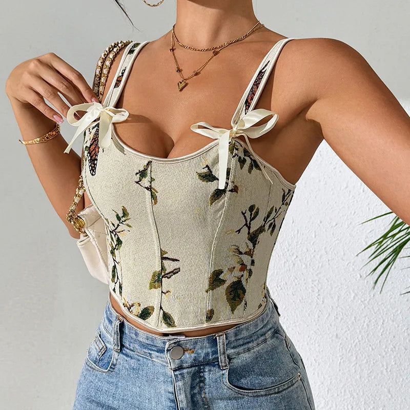 Sexy French Floral Print Bra Top Retro Double Strap Chest Support Body Shapewear Vintage Corset