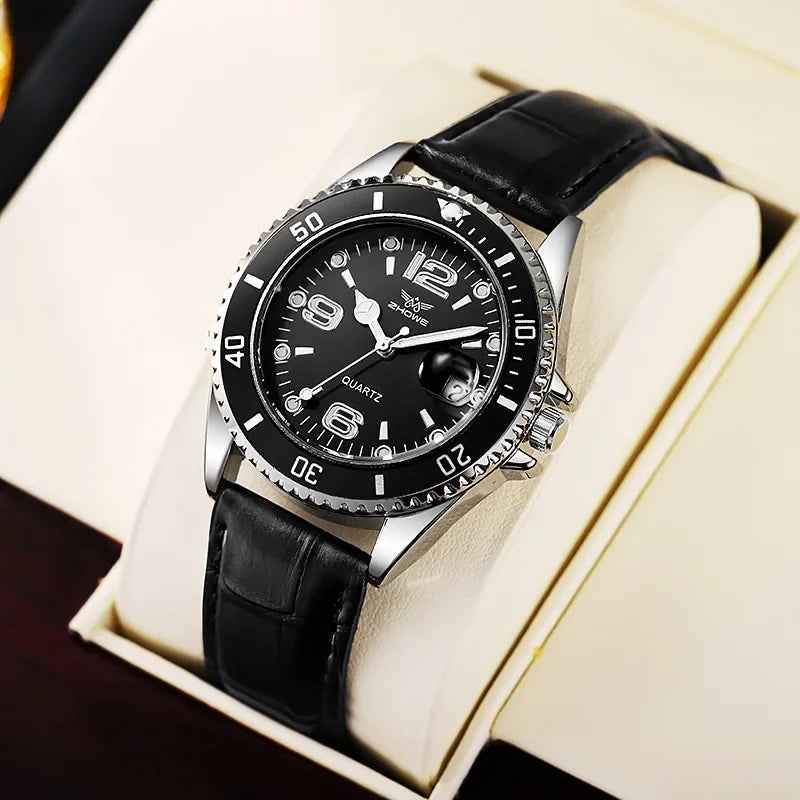Fashion Calendar Men Business Watches Leather Strap Quartz Wristwatch for Male Clock Reloj Hombre (without box) - Black Black