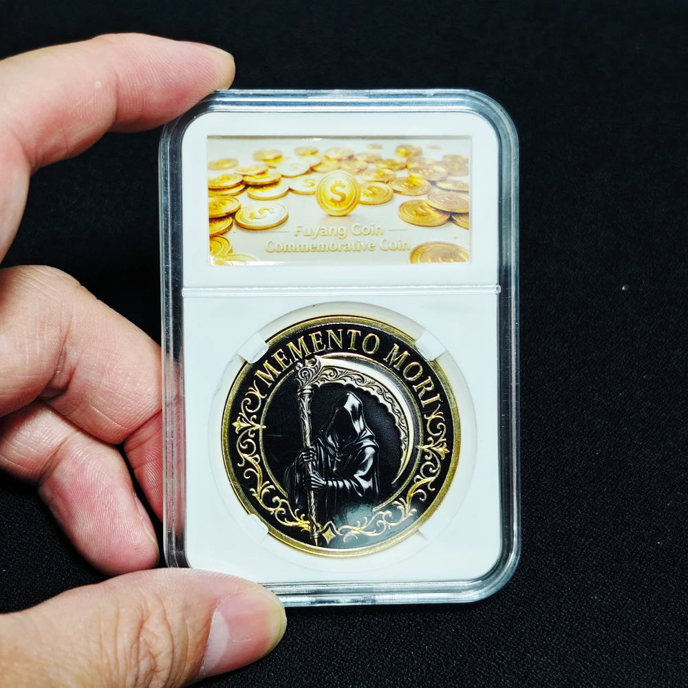 Vintage Memento Mori Grim Reaper Double Sided Medal Hourglass Collectible Badge Gold UV Protective Enamel Pocket Decor