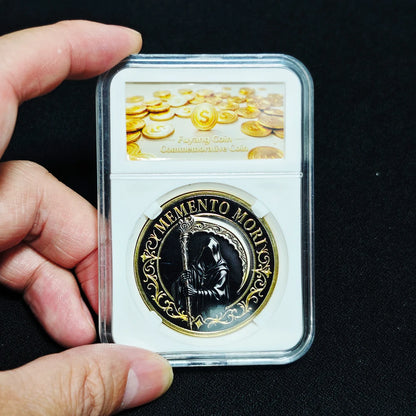 Vintage Memento Mori Grim Reaper Double Sided Medal Hourglass Collectible Badge Gold UV Protective Enamel Pocket Decor