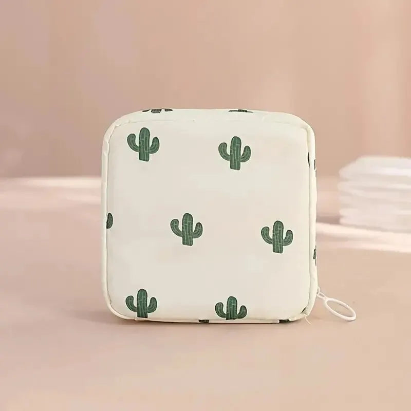 Women Sanitary Napkin Tampon Storage Bag Portable Waterproof Organizer Pouch Cartoon Pattern Sanitary Napkin Bag - Beige Cact