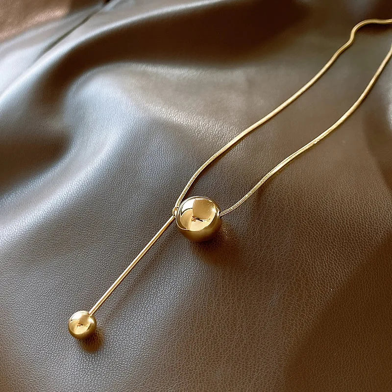 Stainless Steel Y‑Shape Lariat Necklace for Women Adjustable Ball Bead Snake Chain Gold Plated Tassel Neck Jewelry Daily Gift