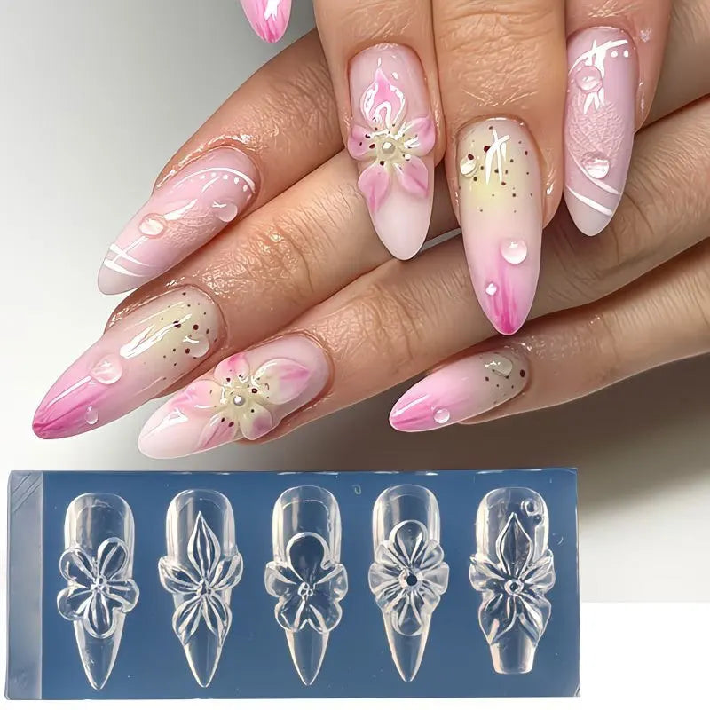 3D Flower Silicone Nail Mold Lily & Hibiscus Petals Carving Template Gel Polish Stencils for Spring Summer Manicure Decor