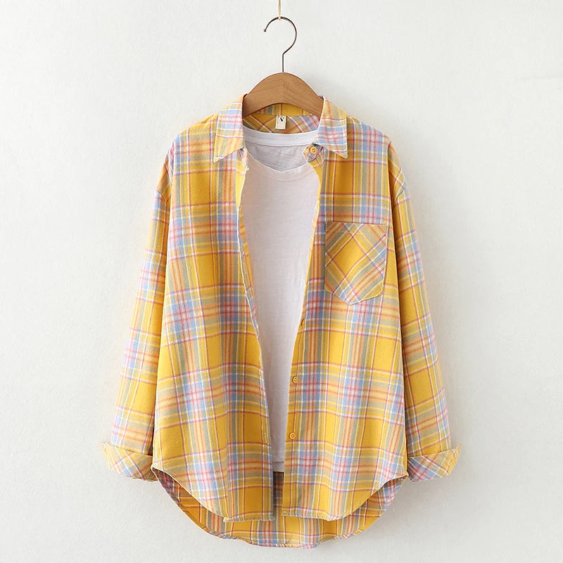 Fresh Flannel Plaid Shirt Women 2026 New Female Blouses and Tops Cotton Loose Long Sleeve Casual Shirts Fine Women's Clothes 