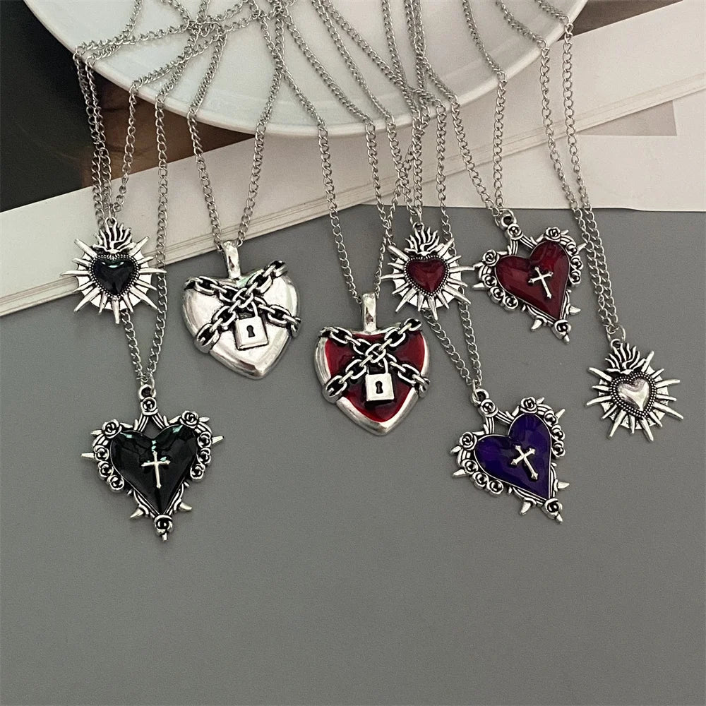 Punk Rock Red Black Heart Pendant Chain Necklace For Men Women Cool Hip Hop Street Vintage Goth Accessories Trendy Jewelry
