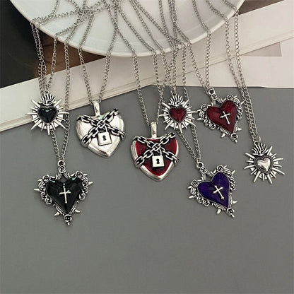 Punk Rock Red Black Heart Pendant Chain Necklace For Men Women Cool Hip Hop Street Vintage Goth Accessories Trendy Jewelry