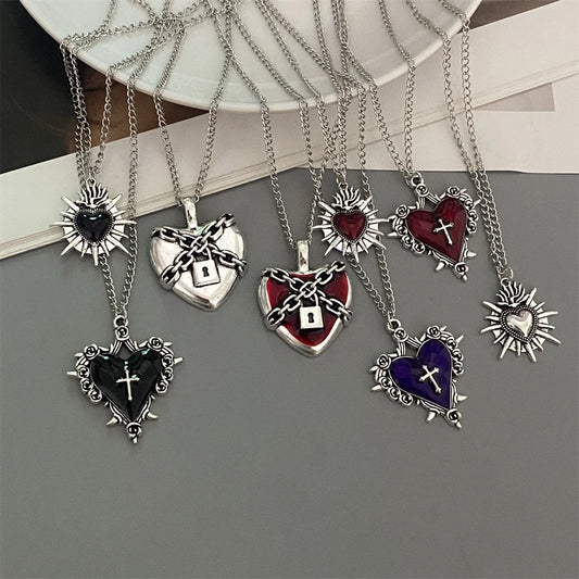 Punk Rock Red Black Heart Pendant Chain Necklace For Men Women Cool Hip Hop Street Vintage Goth Accessories Trendy Jewelry
