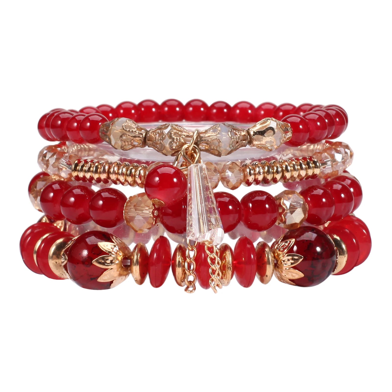 Bohemian Stackable Bead Bracelets for Women Multilayered Bracelet Pendant Charm Stretch Bangles - red