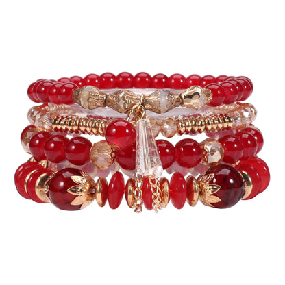 Bohemian Stackable Bead Bracelets for Women Multilayered Bracelet Pendant Charm Stretch Bangles - red