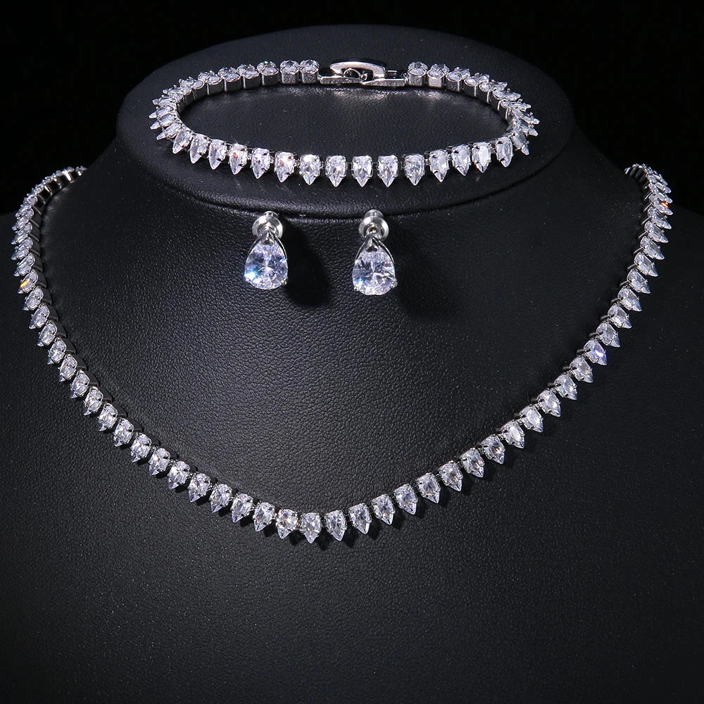 ZAKOL Gorgeous Buling AAA Clear Round Cubic Zirconia Wedding Bridal Necklace Earrings Party Jewelry Set for Women - Sliver Co