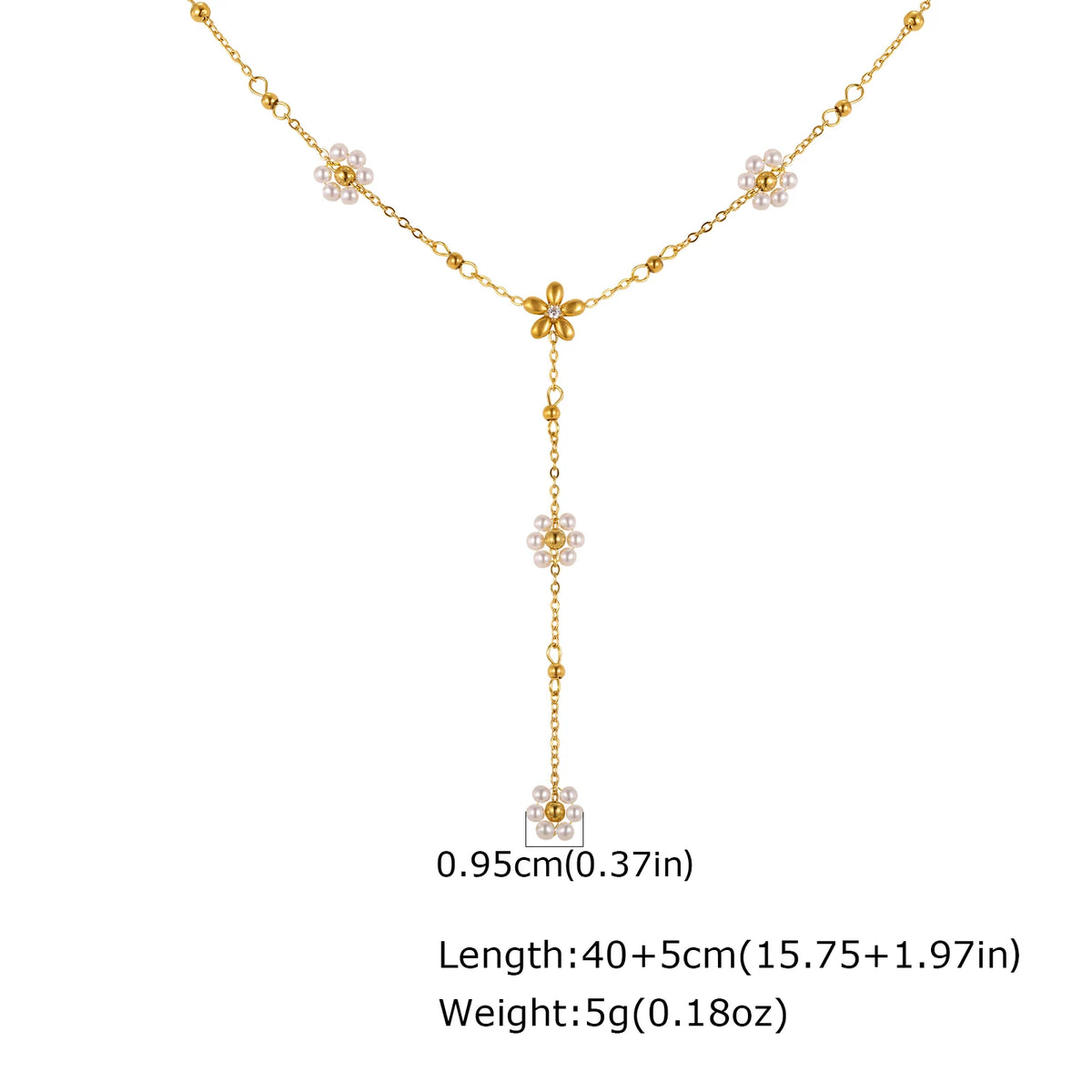 Golden Drop Lariat Chain, Women's Layered Beaded Y Necklace, Stainless Steel Flower Pearl Long Pendant Fashion Jewelry Gift