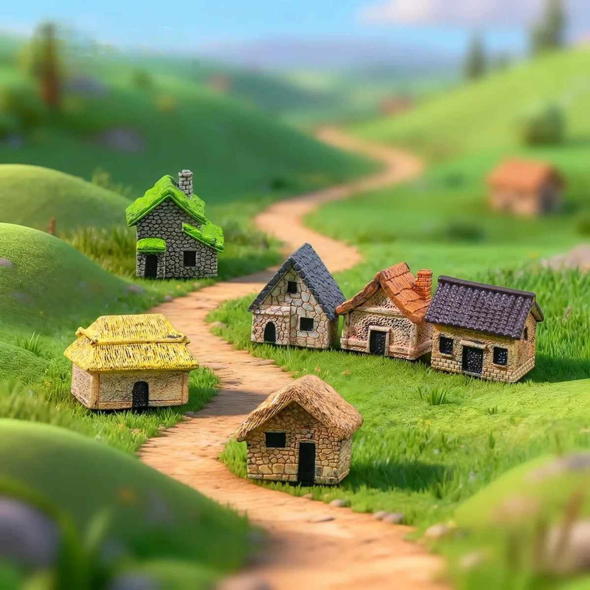 6Pcs Miniature Retro Village Thatched House Figurines, Mini Resin Cottage Ornaments for Miniature Garden, Minihouse