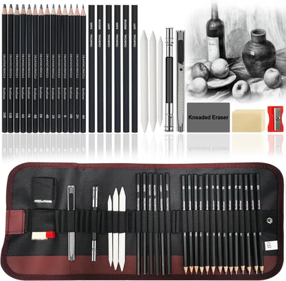 29Pcs Drawing Kit Sketching Pencils Set,Portable Pen Curtain-Charcoal Pencils, Sketch Pencils, Charcoal Stick,Sharpener,Erase