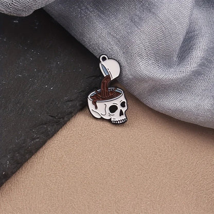 Vintage-Style Skull Coffee Cup Enamel Pin - Fashionable Alloy Brooch for Men