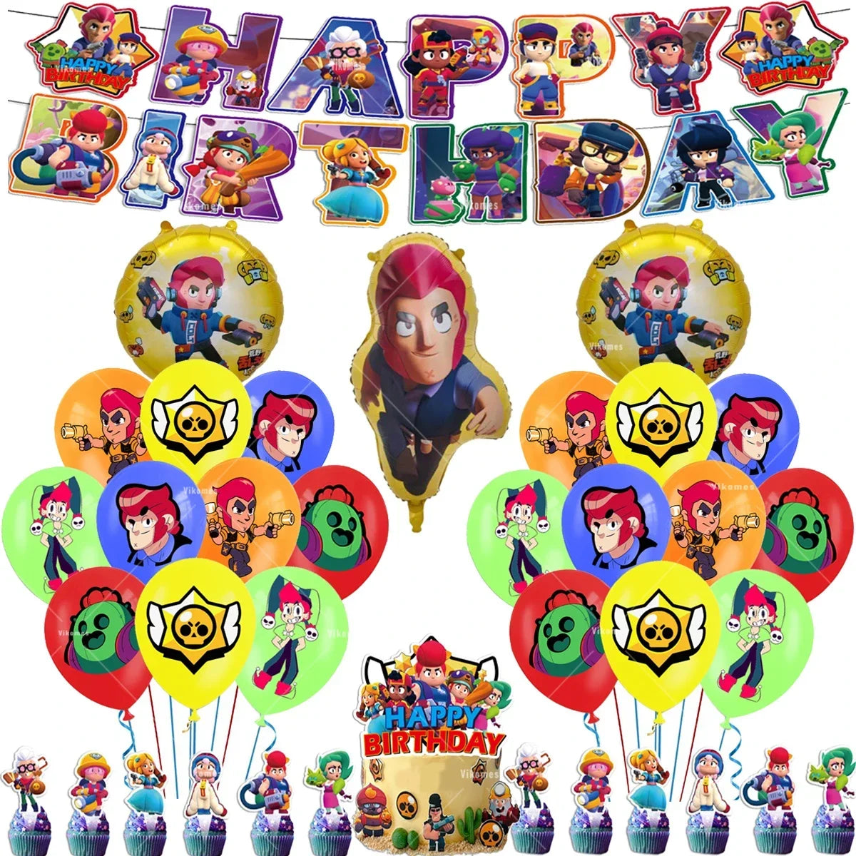 Battle Balloons Happy Birthday Banner Fight Game Party Decoration Brawled Background Cake Topper Disposable Tableware Keychai
