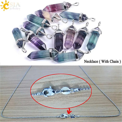 CSJA Fluorite Crystals Necklaces Pendants Suspension Quartz Natural Gem Stone Necklace for Women Hexagonal Reiki Healing G954