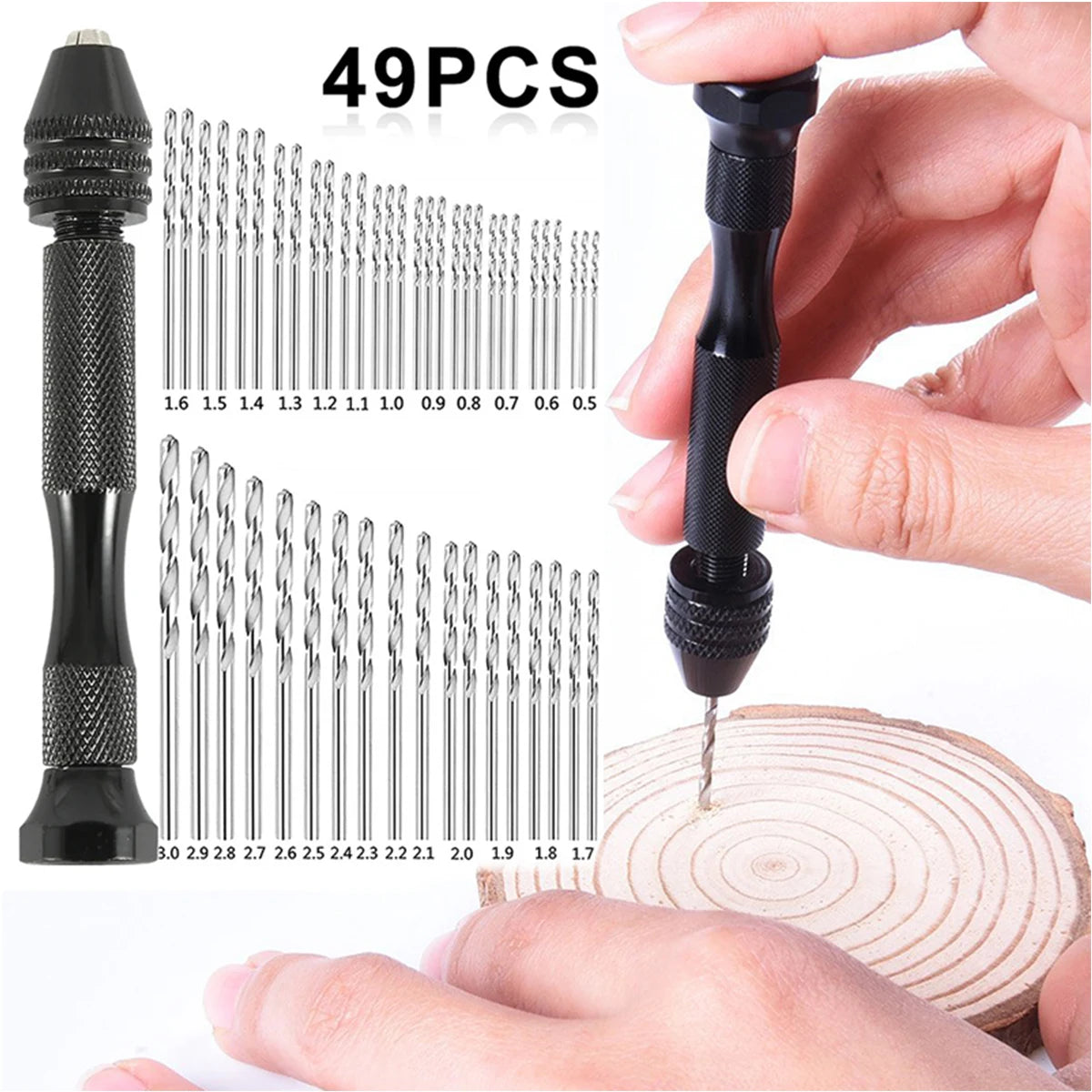49pcs 0.2-3.4mm Hand Drill Set Mini Aluminum Hand Drill Bit Jewelry Craft Hand Manual Drill Woodworking Tools Drill Bit