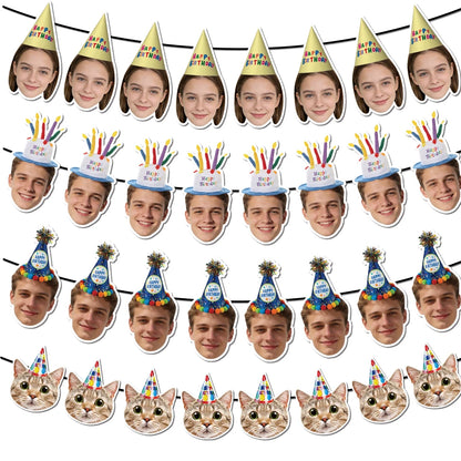 Custom Birthday Photo Banner Personalized Birthday Hat Pattern Bunting Banner for Happy Birthday Party Favors Birthday Banner