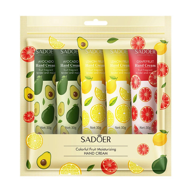 5Pcs/set SADOER Fruit Plant Fragrance Hand Cream Sets Moisturizing Repair Anti Dry Hand Lotion Sets Hands Skin Care Products 