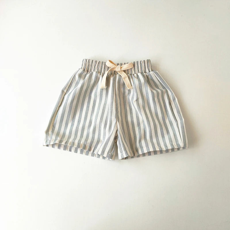 Children's Clothing Vintage Linen Cotton Stripe Pants Baby Boy Girl Casual Shorts Spring Summer Girls Loose Trousers and Shor