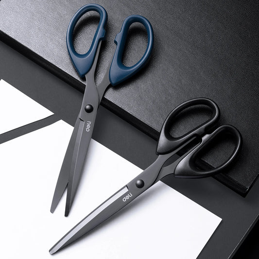 DELI Professional Office Scissors 180mm Heavy Duty Scissors with Black Blade Sharp Stainless Steel Cutting Tool for Paper Cra