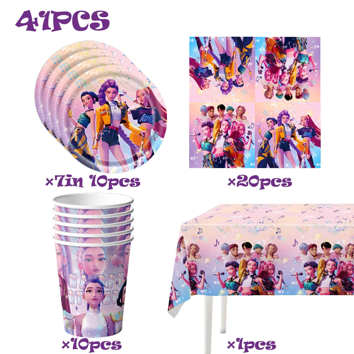 K-Pop Theme Disposable Tableware Set for Kids Birthday Baby Shower Party - Paper Plates Cups And Tablecloth with Birthday Ban