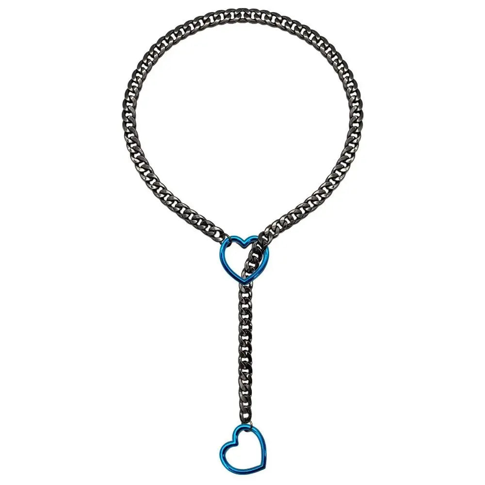 Heavy Lariat Heart Necklace Personality Punk Rock Stainless Steel Slip Chain Ring Slipchain Choker Collar For Women Men - Blu